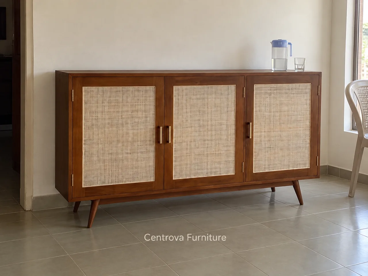 Buffet jati tiga pintu rotan di ruang keluarga sederhana dengan cahaya jendela.