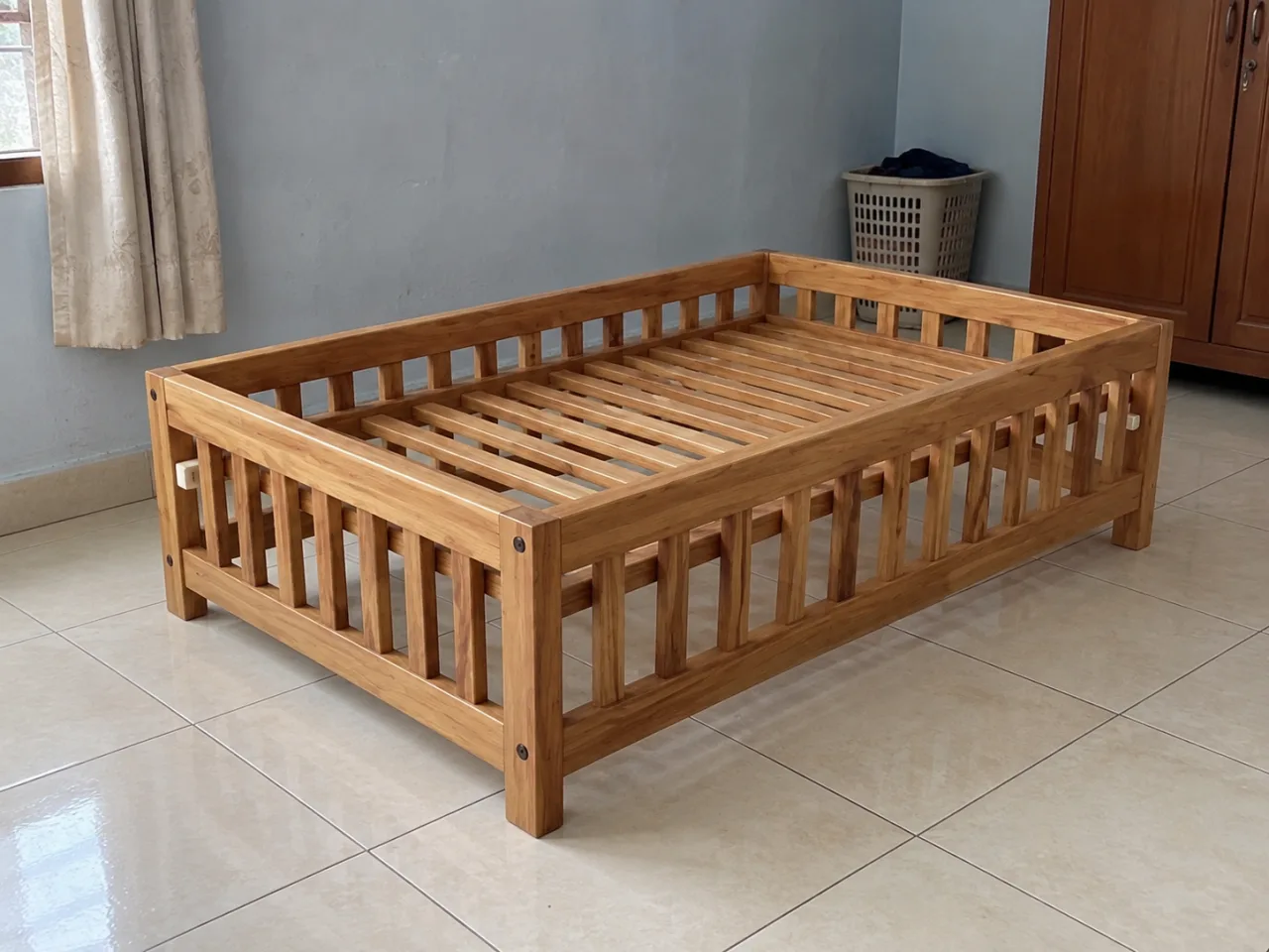 Dipan bayi kayu jati BB-001 dalam kamar sederhana dengan lantai keramik