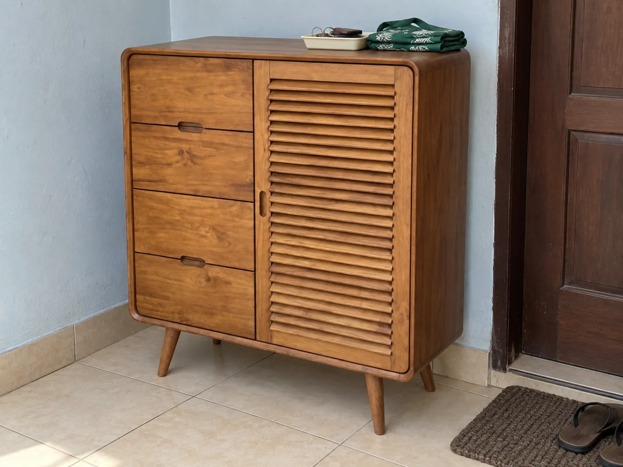 Penataan kabinet kayu dengan pintu kisi di dekat pintu masuk rumah.