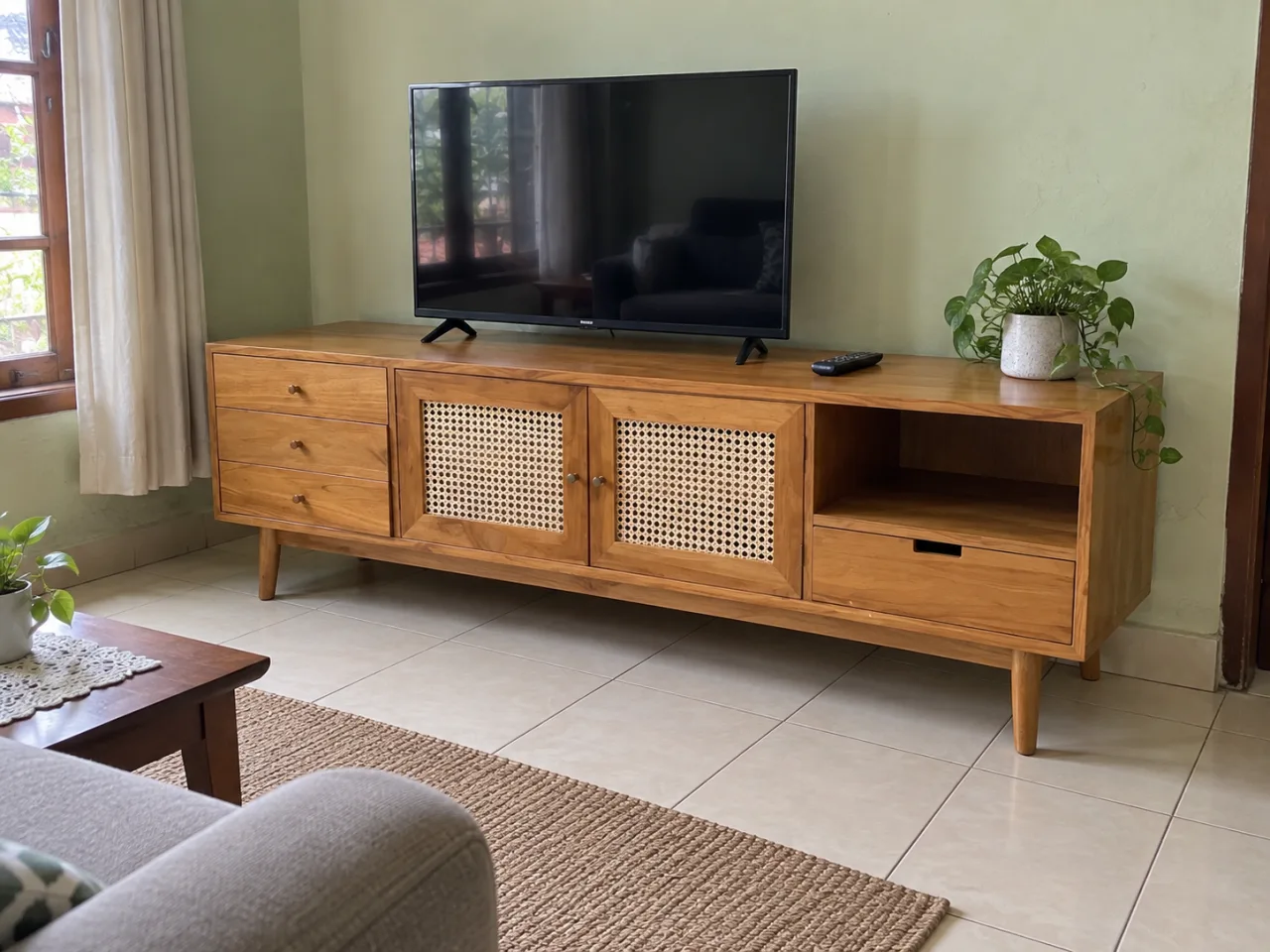 Penataan meja TV kayu jati dengan pintu rotan di ruang keluarga sederhana.