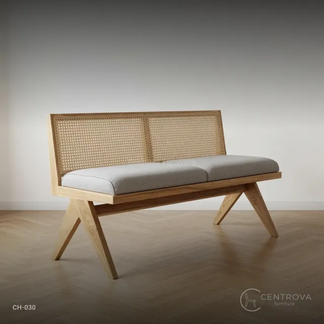 Minimalist Solid Teak Wood Bench Sofa with Rattan Backrest - Teak Wood Furniture Jepara