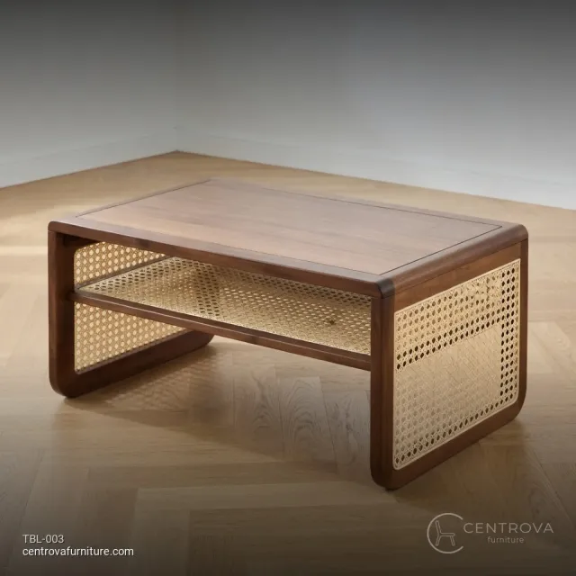 Low Floor Table Modern Teak Wood Rattan Mix - Teak Wood Furniture Jepara
