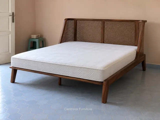 A teak bed with a curved cane headboard and white mattress in a simple bedroom.