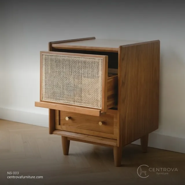 Nightstand Minimalist Bedside Table Teak Rattan - Teak Wood Furniture Jepara