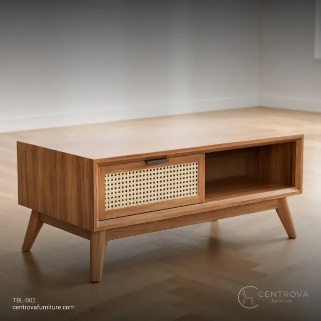 Coffee Table Teak Wood Rattan Combination Retro - Teak Wood Furniture Jepara