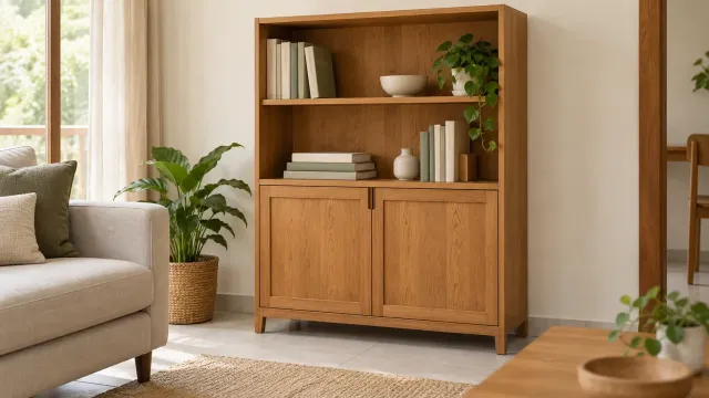 Wooden storage furniture with open bookshelves and closed cabinet doors in a living room.