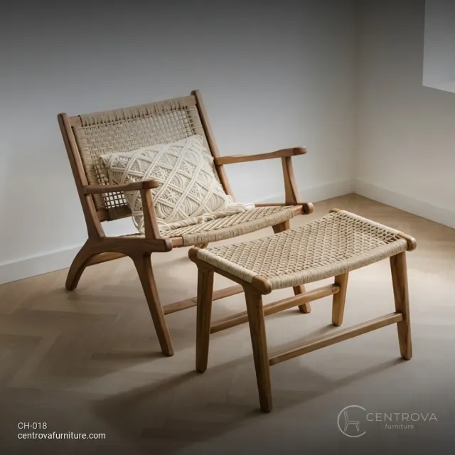 Lounge Chair Set Stool Elegant Rope Woven - Teak Wood Furniture Jepara