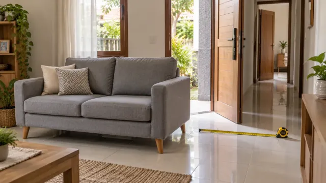 Neutral sofa in a living room near an open entrance, with a tape measure on the floor.