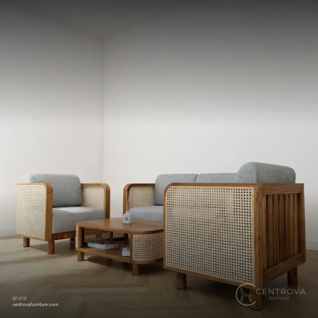 Living Room Sofa Set Kayu Teak Rattan Minimalist - Teak Wood Furniture Jepara