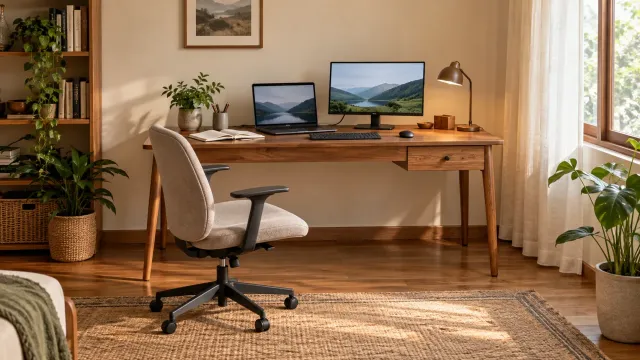 Meja kerja kayu dengan laptop, monitor, laci samping, dan kursi di ruang kerja rumah