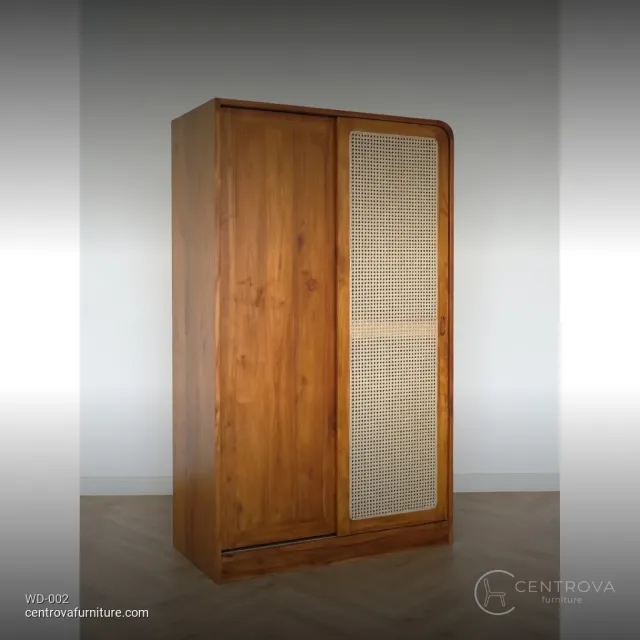 Sliding Wardrobe Minimalist Teak Wood Rattan - Jepara Teak Furniture