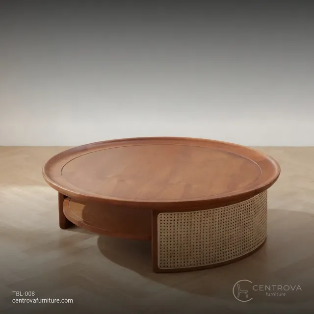 Coffee Table Round Teak Wood Solid Rattan Mix - Teak Wood Furniture Jepara